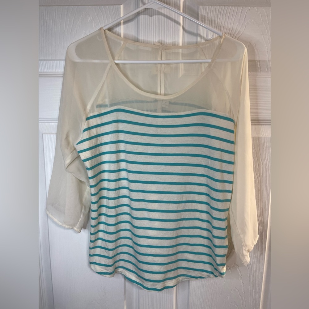 Laura Conrad Women’s Beige Teal Strips Shear Shoulders Size M 3/4 Sleeve